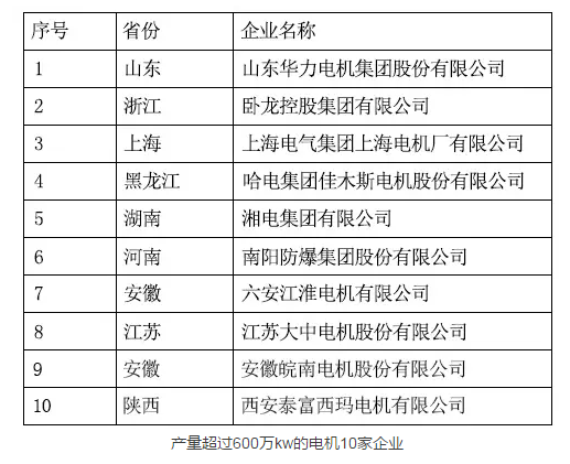 产量超过600万kw的电机10家企业